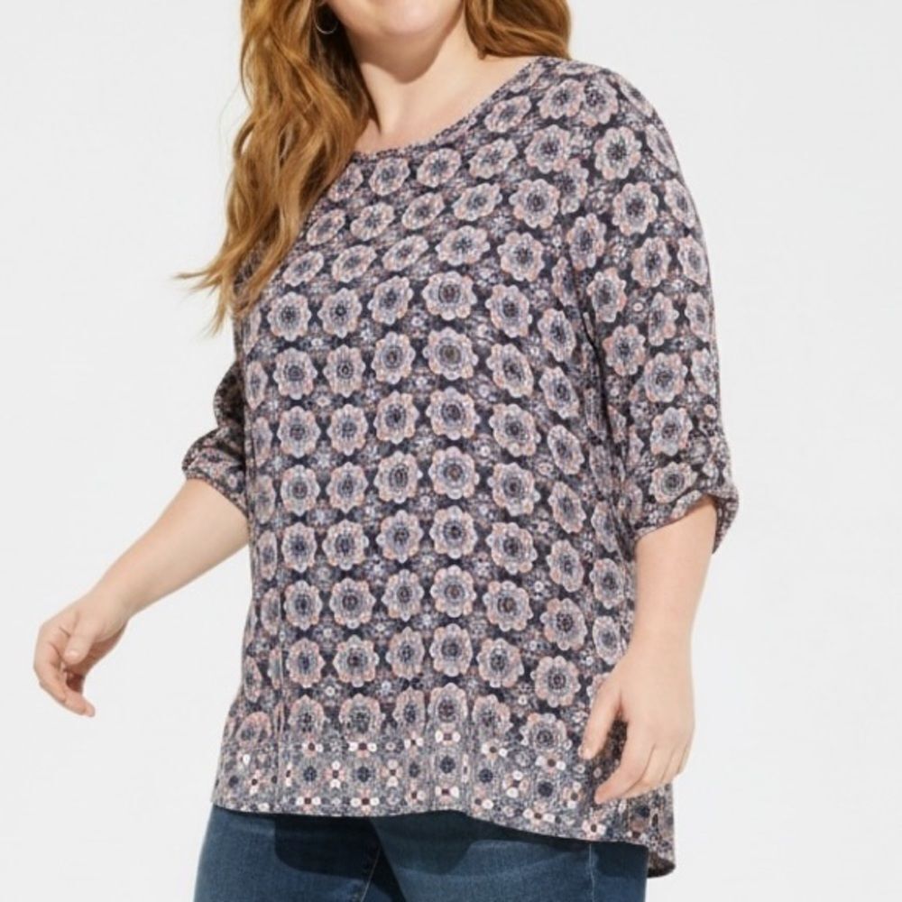 Max Edition XL Floral Shark Bite Hem Stretchy 3/4 Sleeve Top Pink Black